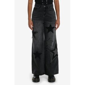 Hot Topic Black wash Star Patch Jeans Wide Leg Cropped Gray Denim SOLD‎ out  13?